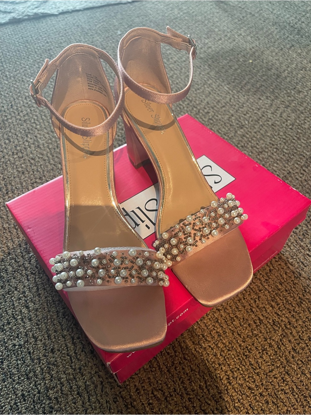 Pearl-Embellished Pink Block Heel Sandals with Ankle Strap